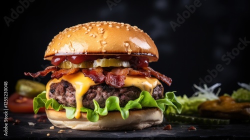 Indulgent delight, Close-up view of a mouthwatering bacon cheeseburger photo