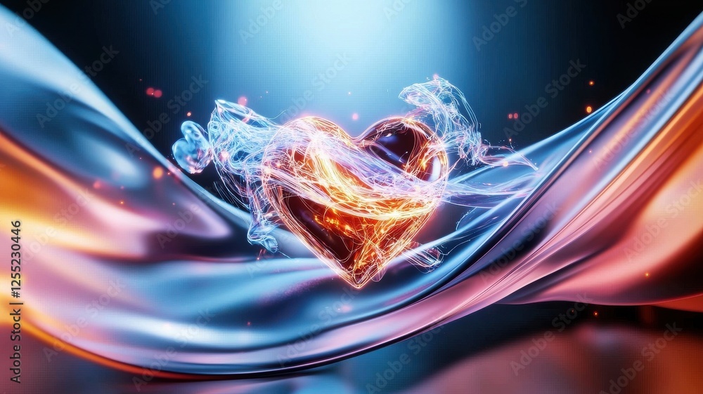 Abstract Heart Design With Iridescent Fabric And Glowing Particles Abstract Heart Design With Iridescent Fabric And Glowing Particles