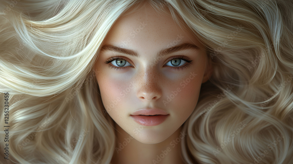 Long, flowing blonde tresses surrounding a serene face, perfect for skincare, cosmetics, or elegant lifestyle illustrations Long, flowing blonde tresses surrounding a serene face, perfect for skincare, cosmetics, or elegant lifestyle illustrations