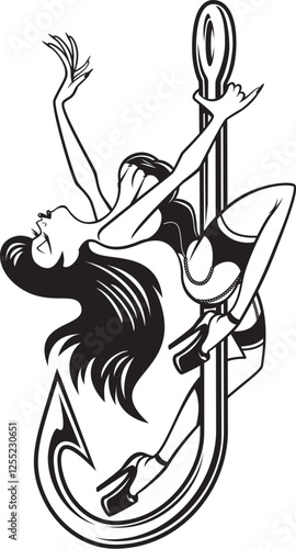 Woman pole dancing on a fish hook 