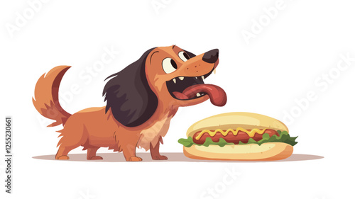 The image is a digital illustration depicting a cartoon dachshund dog looking up at a hot dog.  The dog is rendered in a stylized, slightly exaggerated manner with smooth, glossy fur. The color