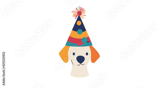 A digital illustration depicting the head and shoulders of a cartoon dog wearing a conical party hat. The dog is predominantly white with orange-yellow ears.  The party hat is multicolored with