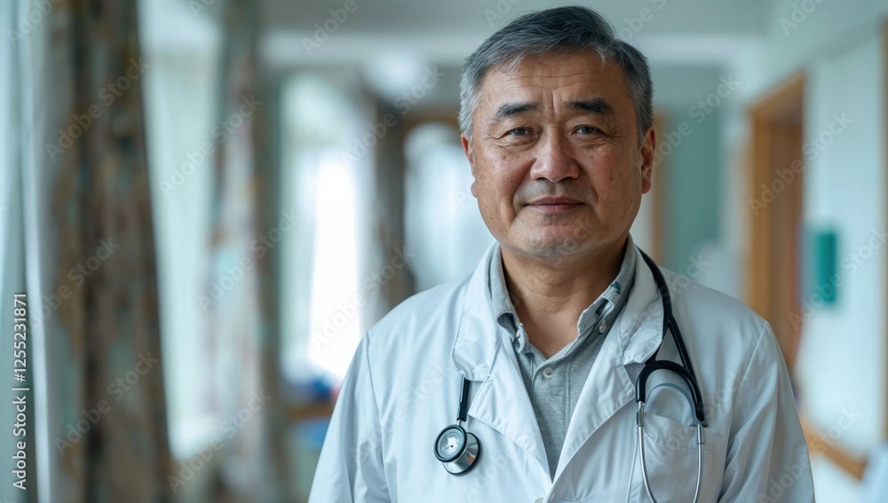 mature male doctor in a white coat and stethoscope smiles warmly at the camera. He stands in a bright hospital corridor, exuding professionalism and kindness with his confident, approachable demeanor mature male doctor in a white coat and stethoscope smiles warmly at the camera. He stands in a bright hospital corridor, exuding professionalism and kindness with his confident, approachable demeanor