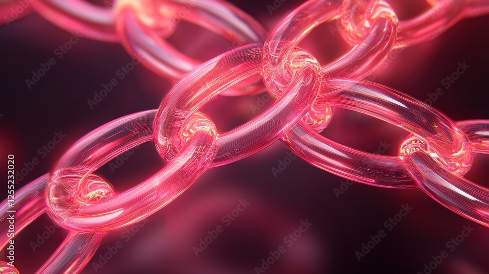 Abstract image of glowing pink chain links, close up view, intricate details of chain links, bright lighting, dark background, 3d rendering style, futuristic technology theme, pink and dark colors. Abstract image of glowing pink chain links, close up view, intricate details of chain links, bright lighting, dark background, 3d rendering style, futuristic technology theme, pink and dark colors.