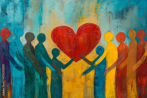 Artistic watercolor illustration of unity and love, depicting a diverse group of people embracing kindness, community, and compassion under a large glowing heart.