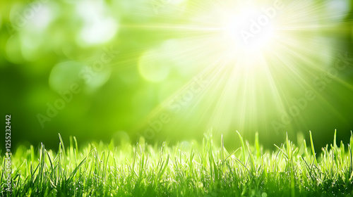 green grass background and strong sun rays, background with copy space