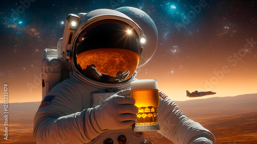Astronaut Enjoys Beer In Space. Astronaut holding a glass of beer in space, against the background of the galaxy, planets, the Milky Way and flying spaceships. Generative Ai
