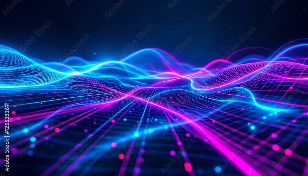 Fototapeta premium Illuminated Data Waves Dynamic Grid Pattern in Cyberpunk Colors