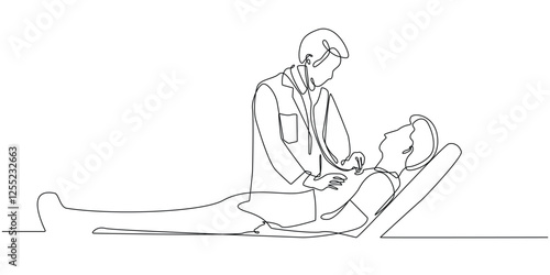 continuous line of a doctor examining a patient in a hospital room.one line drawing of a doctor using a stethoscope examining a patient.single line vector illustration.isolated white background