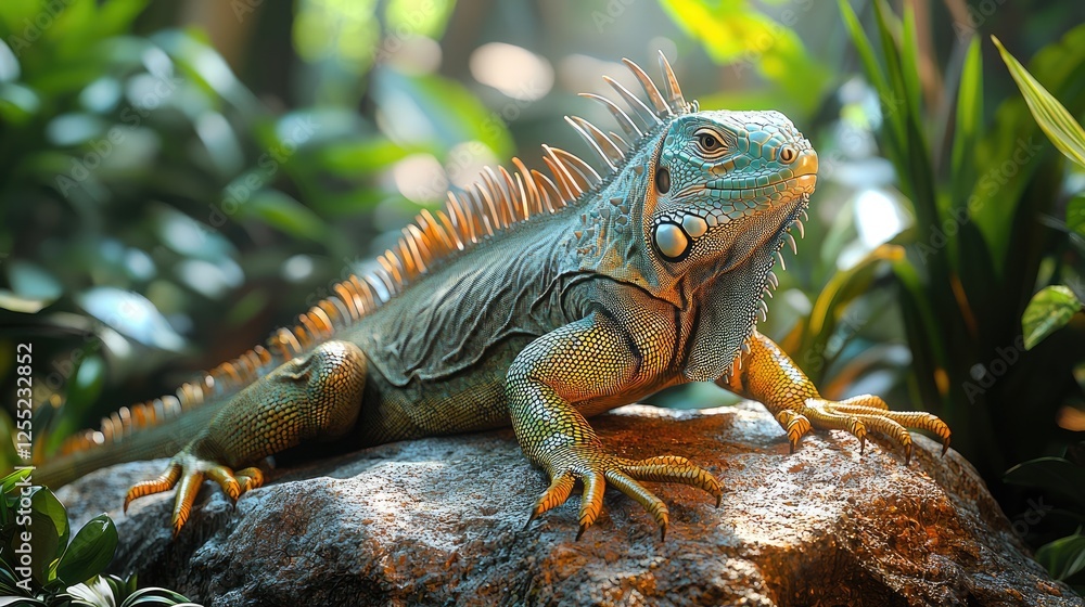 Fototapeta premium Green Iguana Basking on Rock in Lush Tropical Foliage