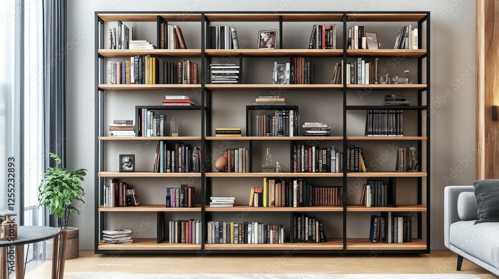 Modern bookcase in living room, filled with books and decor, featuring a contemporary design Modern bookcase in living room, filled with books and decor, featuring a contemporary design