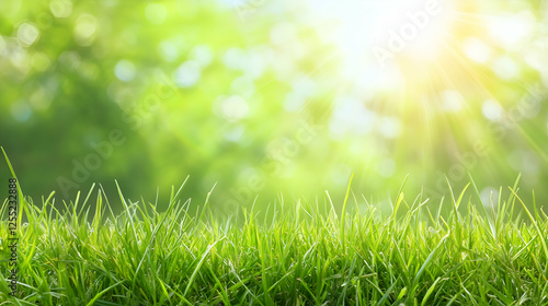 Vibrant grass in sunlight with natural greenery with a soft-focus background and sun rays ideal for seasonal and eco designs