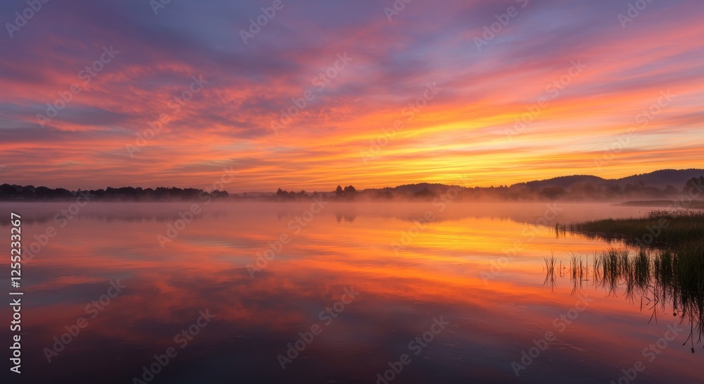 Tranquil Lake Reflection at Sunrise with Dramatic Sky and Misty Water Tranquil Lake Reflection at Sunrise with Dramatic Sky and Misty Water
