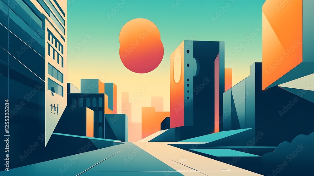 Fototapeta premium City street sunrise, futuristic buildings, urban landscape, background design