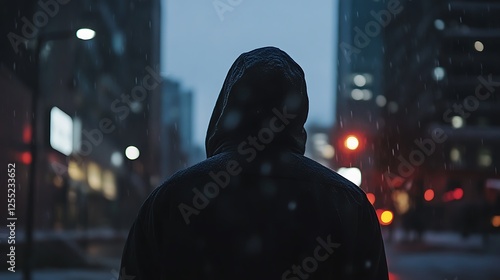 Person walking in city at night, snow falling. Possible use Stock photo photo