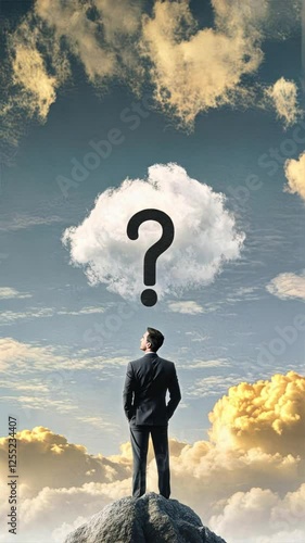 A businessman standing on top of a mountain with a cloud shaped like a question mark above his head, symbolizing high level thinking and big decisions, Question mark, confusion, caution, questionnaire