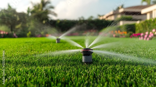 Automatic Sprinkler System in a Spacious Backyard with Green Grass and Beautiful Landscaping