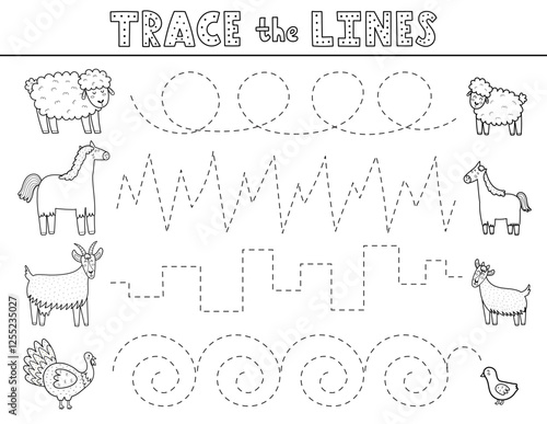 Trace lines black and white activity page with cute farm animals. Handwriting practice worksheet in outline for kids. Educational game for preschool. Vector illustration