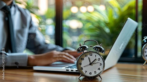 An alarm clock on the table in front of a business person working at a computer