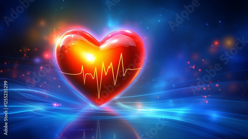 Radiant red heart with an ECG pulse line surrounded by glowing blue waves symbolizing cardiovascular health and life sciences