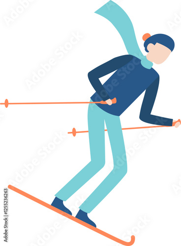 Professional skier wearing winter attire gliding downhill while gripping ski poles, relishing winter holidays at a picturesque mountain resort surrounded by snow covered landscapes