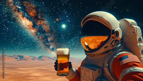 Astronaut Enjoys Beer In Space. Astronaut holding a glass of beer in space, against the background of the galaxy, planets, the Milky Way and flying spaceships. Generative Ai