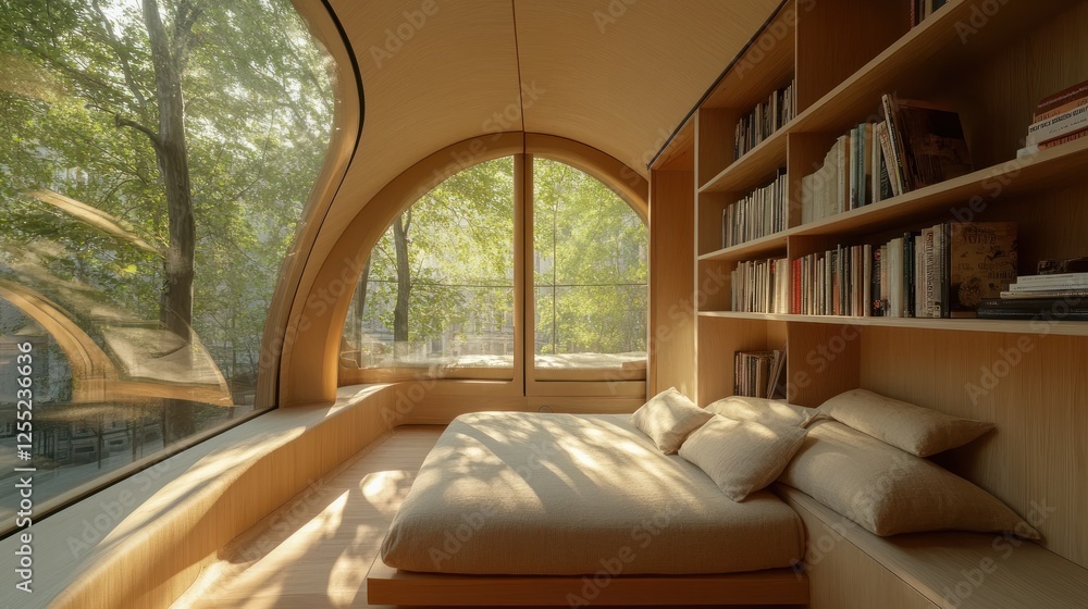 Modern, curved bedroom with large windows, lush trees visible, bookshelves. Interior design inspiration Modern, curved bedroom with large windows, lush trees visible, bookshelves. Interior design inspiration