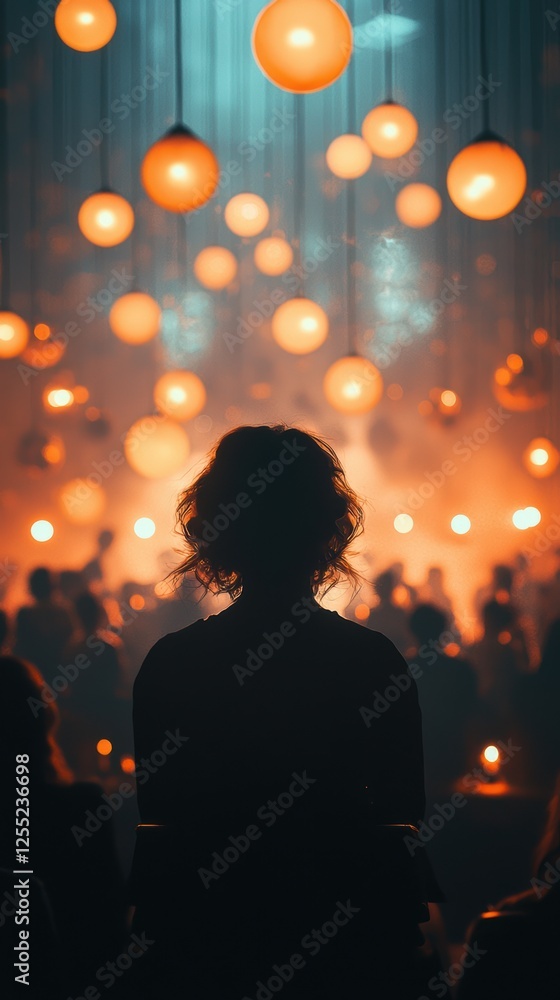 Elegant conference setting with soft lighting and attendee silhouettes Elegant conference setting with soft lighting and attendee silhouettes