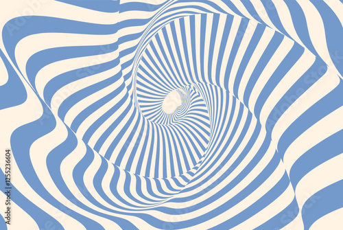 Abstract optical illusion background with blue and beige wavy lines creating a dynamic vortex effect. Psychedelic pattern with distorted curved stripes for retro futuristic design.