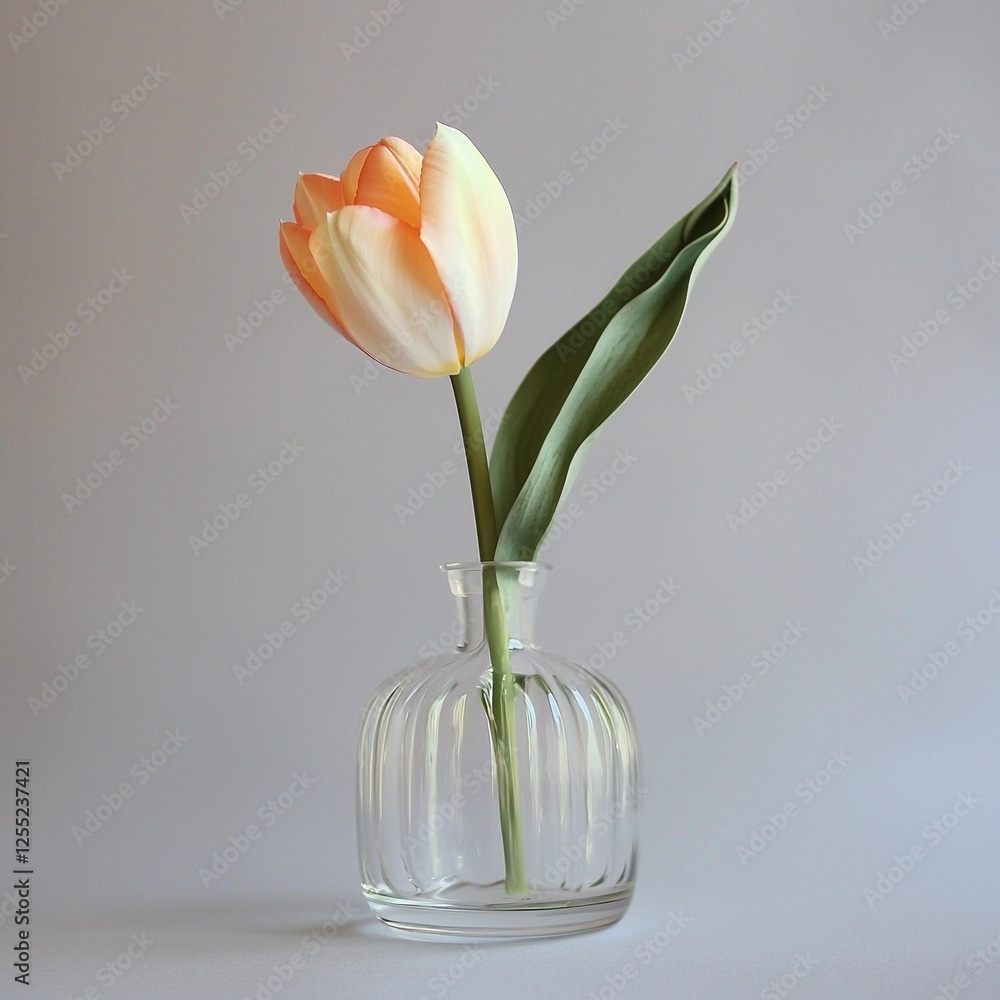Elegant tulip in a clear glass vase with soft colors against a neutral background Elegant tulip in a clear glass vase with soft colors against a neutral background