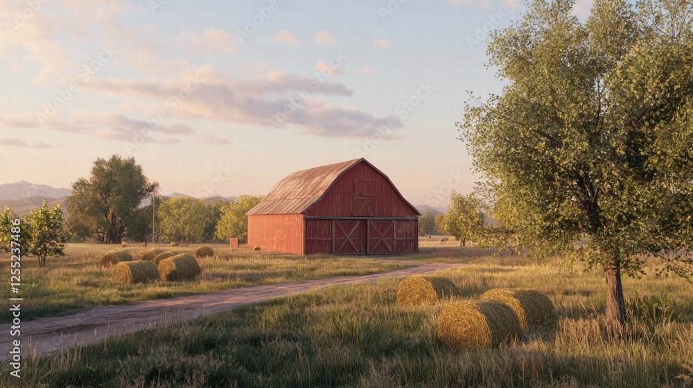 Red barn with hay bales at sunset in pastel sky Red barn with hay bales at sunset in pastel sky