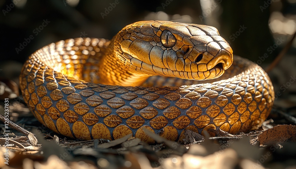 Golden Snake Coiled On Forest Floor In Sunlight Golden Snake Coiled On Forest Floor In Sunlight