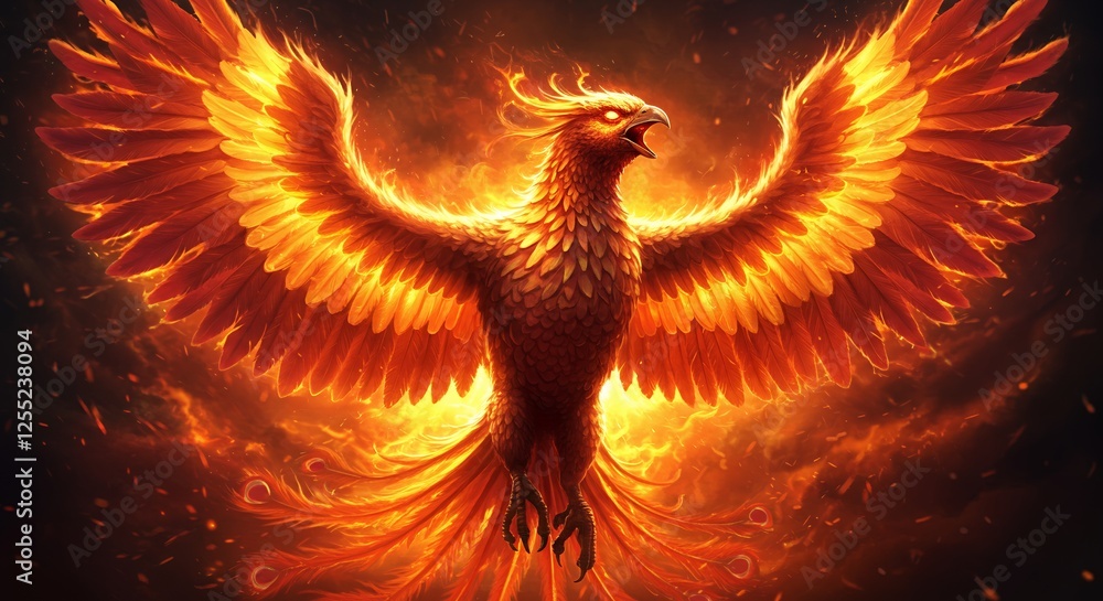 Obraz premium Majestic phoenix with wings of fire soaring through the skies