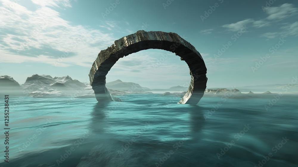 Fototapeta premium A ruined celestial ring cracked in half, resting partially submerged in an ocean.