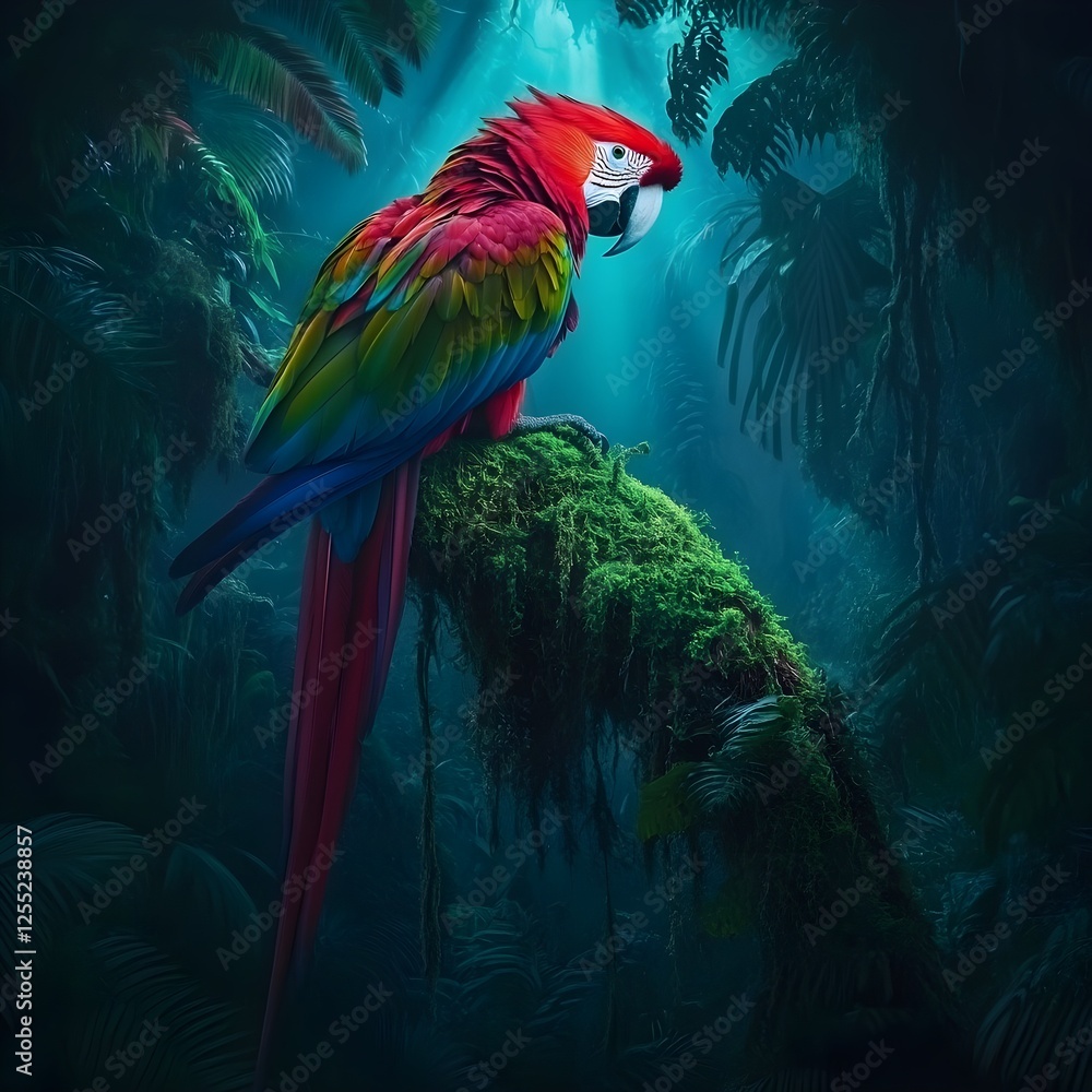 Fototapeta premium A scarlet macaw perched on a moss-covered branch, its colorful feathers glowing against the green jungle.