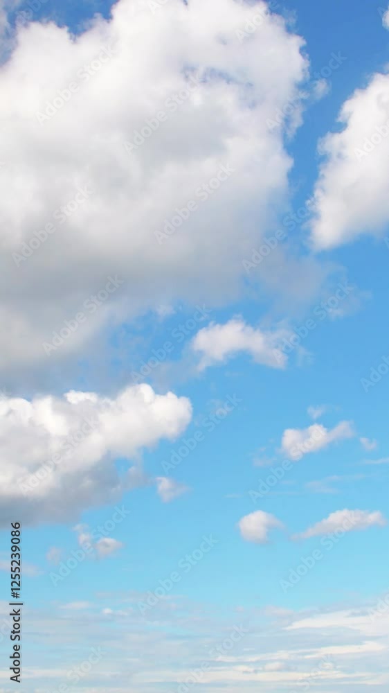 Big white clouds slowly floating across the blue sky. Background with a calm summer sky. Big white clouds slowly floating across the blue sky. Background with a calm summer sky.