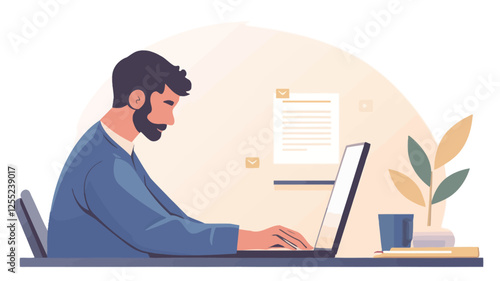 A digital illustration depicts a man with a beard, shown from the shoulders up and in profile view, sitting at a desk and working on a laptop.  The illustration style is minimalist and flat, using