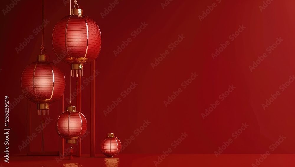 Red background, Chinese New Year atmosphere, red lanterns and paper-cut decorations on the wall, flat composition, simple style, minimalist design, large white space in front Red background, Chinese New Year atmosphere, red lanterns and paper-cut decorations on the wall, flat composition, simple style, minimalist design, large white space in front