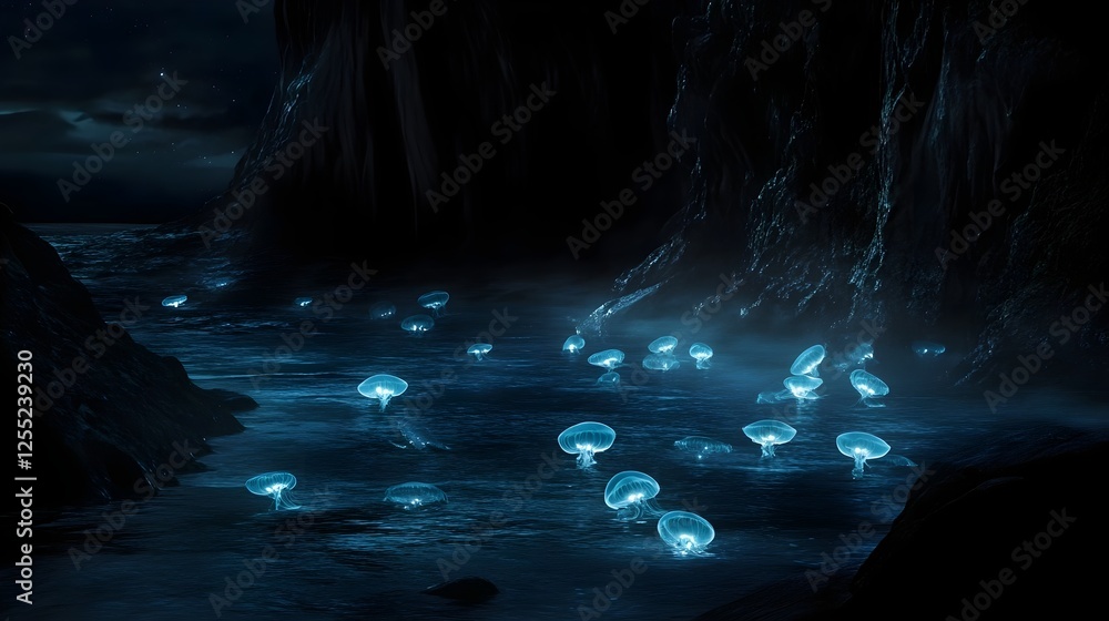 Obraz premium A school of glowing jellyfish drifting silently in pitch-black waters.