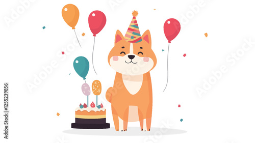 A digital illustration featuring a cartoon Shiba Inu dog wearing a party hat. The dog is positioned centrally against a white background, rendered in a smooth, vector style with subtle shading to