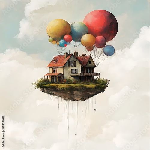 Floating House with Balloons in Cloudy Sky photo