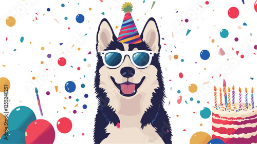 A digital illustration depicts a husky dog wearing sunglasses and a party hat, surrounded by colorful confetti, balloons, and a birthday cake with lit candles. The style is whimsical and cartoonish,