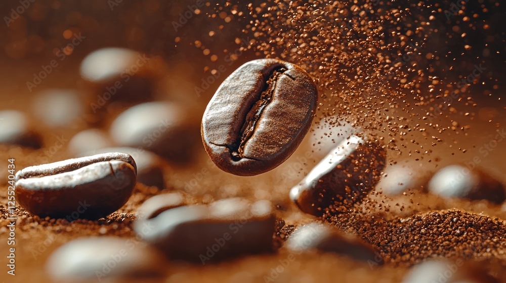 Flying coffee beans surrounded by aromatic coffee grounds in a warm setting Flying coffee beans surrounded by aromatic coffee grounds in a warm setting