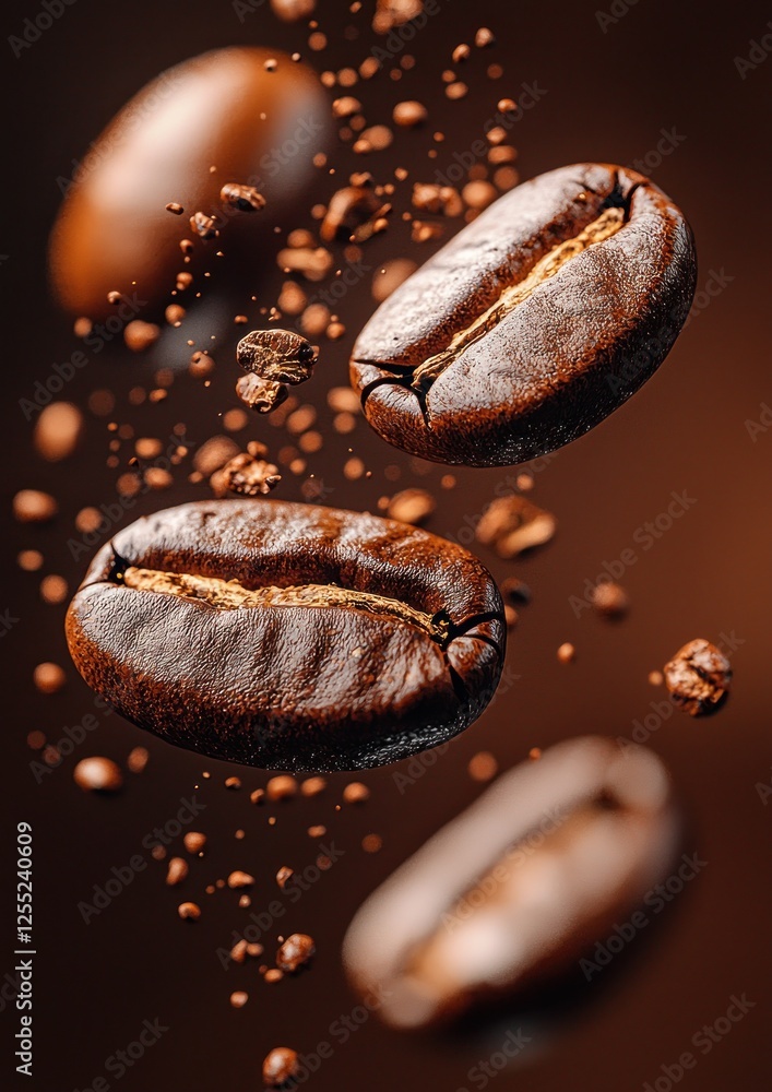 Floating coffee beans with ground particles against a dark background, emphasizing freshness Floating coffee beans with ground particles against a dark background, emphasizing freshness