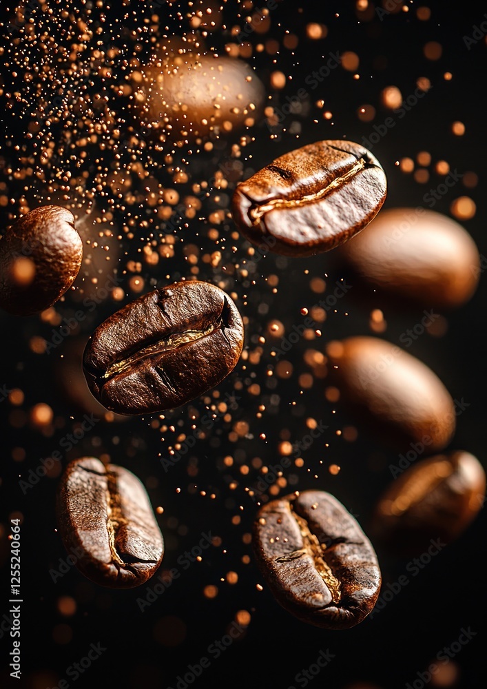 Floating coffee beans with a burst of particles against a dark background Floating coffee beans with a burst of particles against a dark background