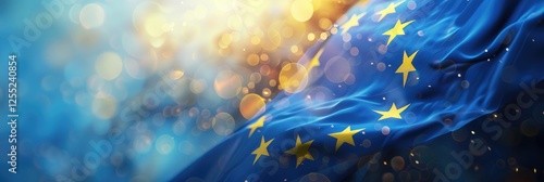 The European flag is waving in the wind with backlighting. The blue field has yellow stars, and there is an abstract blurred background