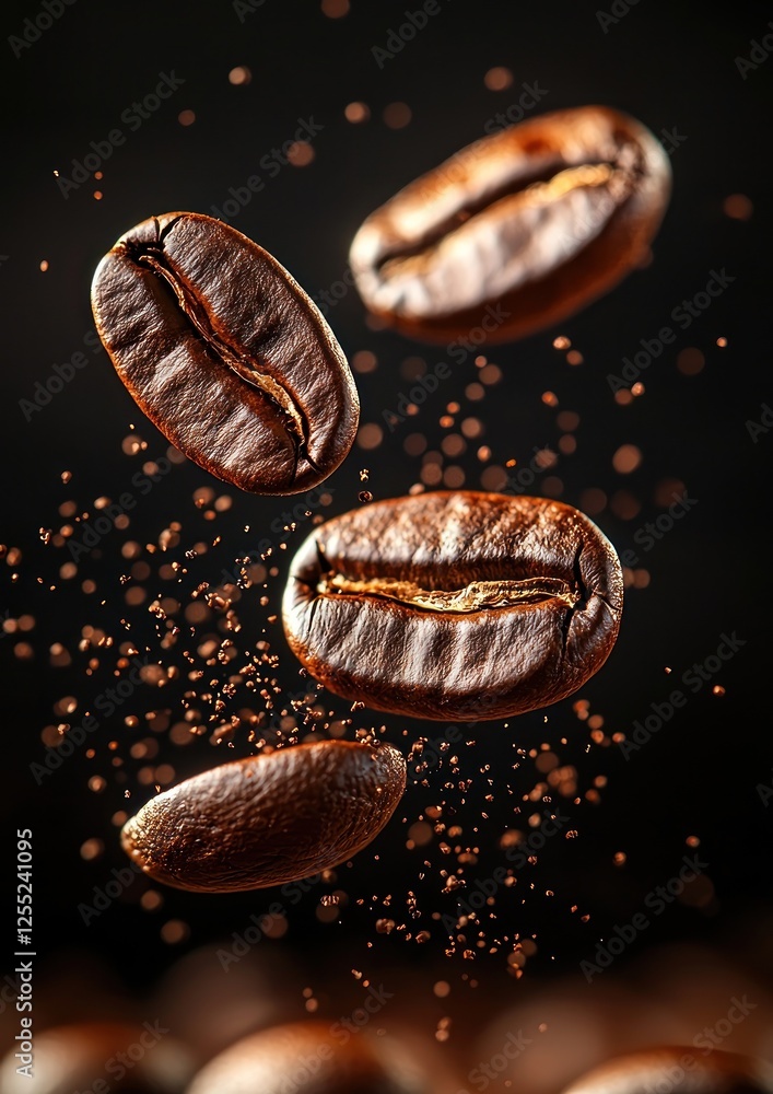 Coffee beans suspended in mid-air with a burst of ground coffee particles Coffee beans suspended in mid-air with a burst of ground coffee particles