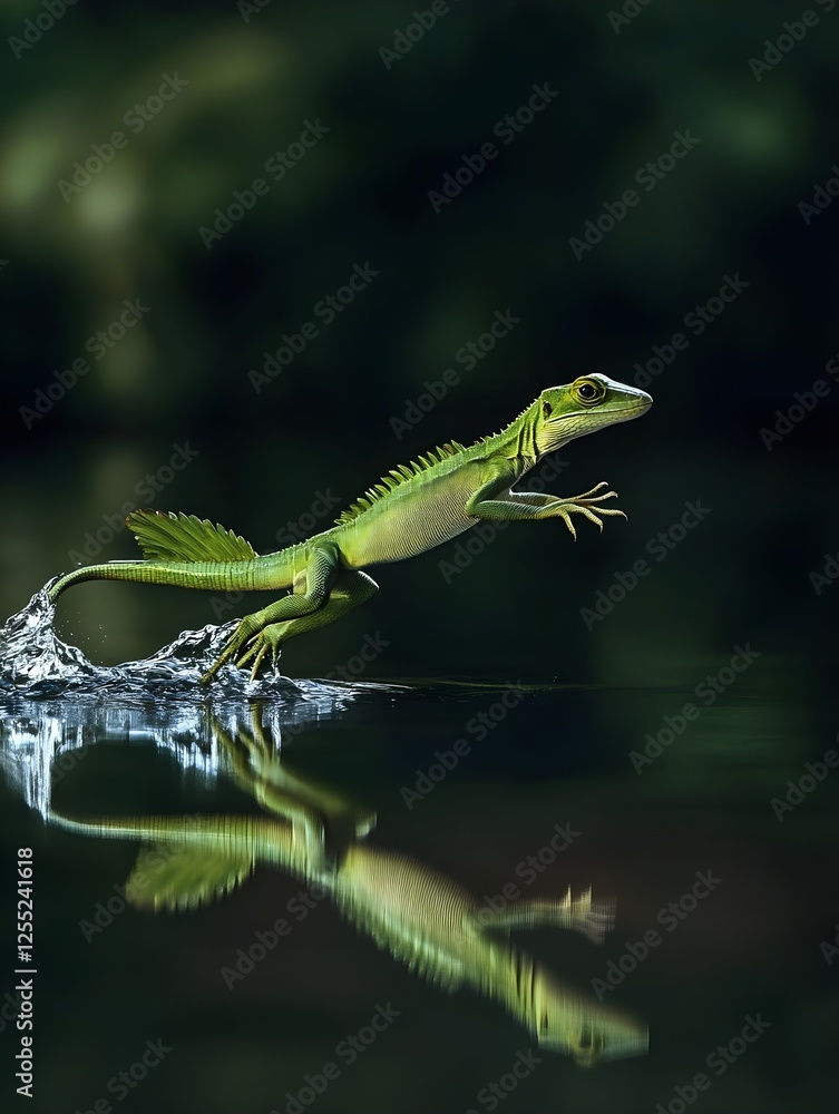 A sleek green basilisk lizard sprinting across the water, its feet barely touching the surface. A sleek green basilisk lizard sprinting across the water, its feet barely touching the surface.