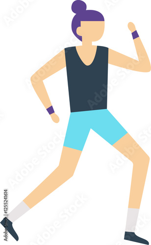Young woman with purple hair tied in a bun is jogging wearing a dark blue tank top, light blue shorts, white socks and dark shoes with purple wristbands
