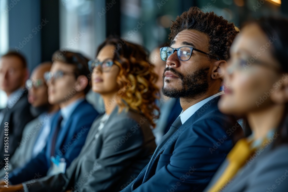 Obraz premium Business Professionals Engaged in a Conference Hall Attending an Insightful Presentation With Keen Focus on the Speaker's Message
